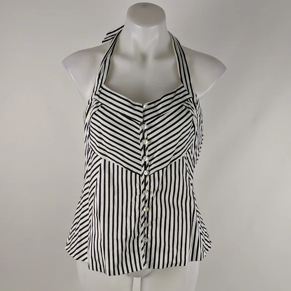 Queenspark Top Size 18 Black White Stripe Tie-up Halterneck Buttons Zip-up Back - Picture 2 of 9